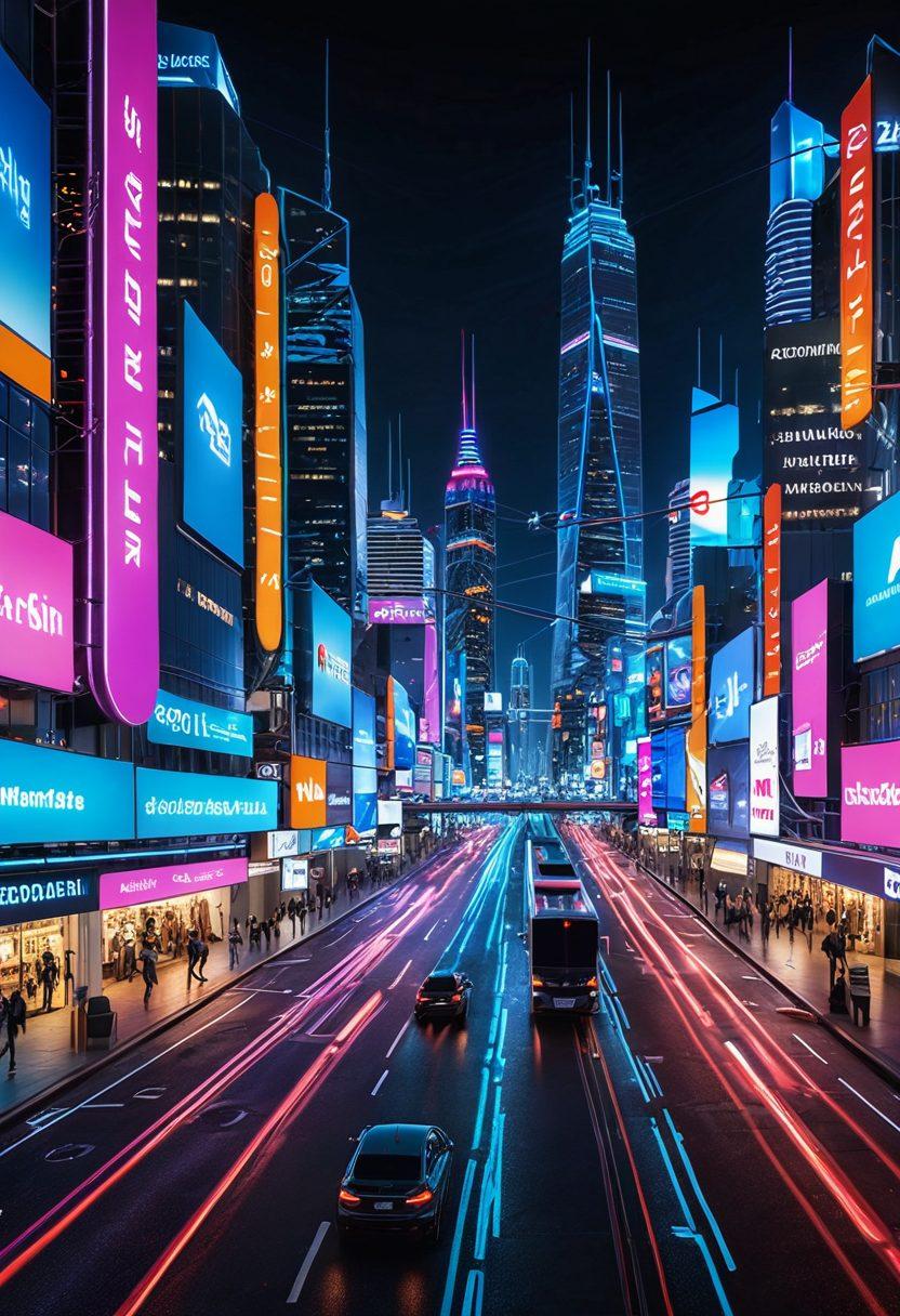A bustling digital metropolis with bright lights and billboards displaying various ads and SEO metrics. Multiple interconnected pathways symbolizing web traffic streams leading to a central hub of engagement. Icons of social media and search engines orbiting a futuristic cityscape, evoking a sense of high-tech innovation. super-realistic. vibrant colors. 3D.