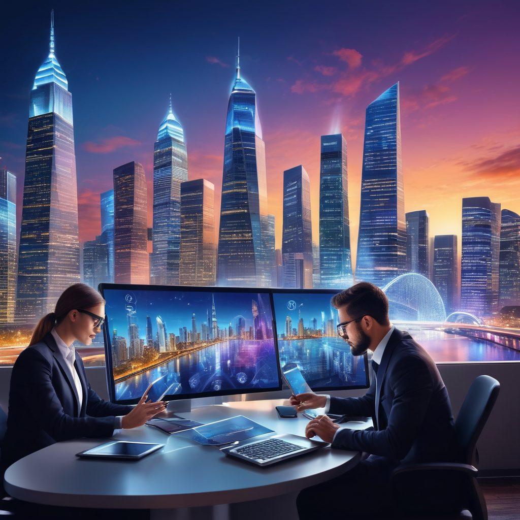 A dynamic and modern business setting with a diverse team collaborating on laptops and tablets, surrounded by floating digital icons representing various web solutions – SEO, social media, e-commerce, and web design. The background features a futuristic cityscape symbolizing online expansion and worldwide connectivity. vibrant colors. super-realistic. high-tech ambiance.