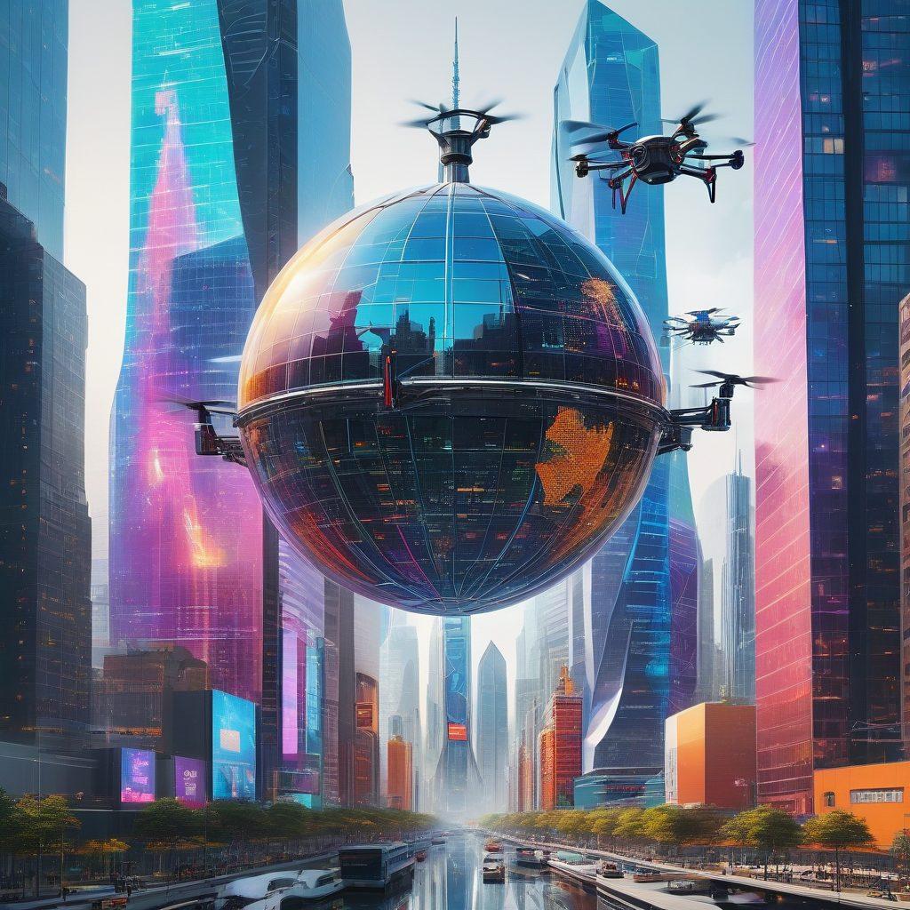 A futuristic cityscape with sleek skyscrapers, interconnected by sparkling digital networks, showcasing drones, AI robots, and augmented reality interfaces. Diverse professionals collaborate seamlessly with advanced tech gadgets in a modern office setting. A holographic globe with emerging technology icons hovers in the background. super-realistic. vibrant colors. white background.